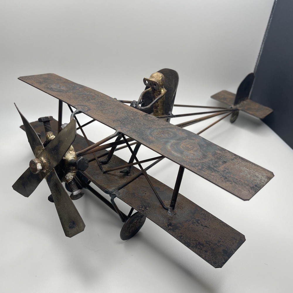 Vtg 70s Biplane Airplane Metal Sculpture Folk Art Scrap‎ Pilot Man Cave Decor